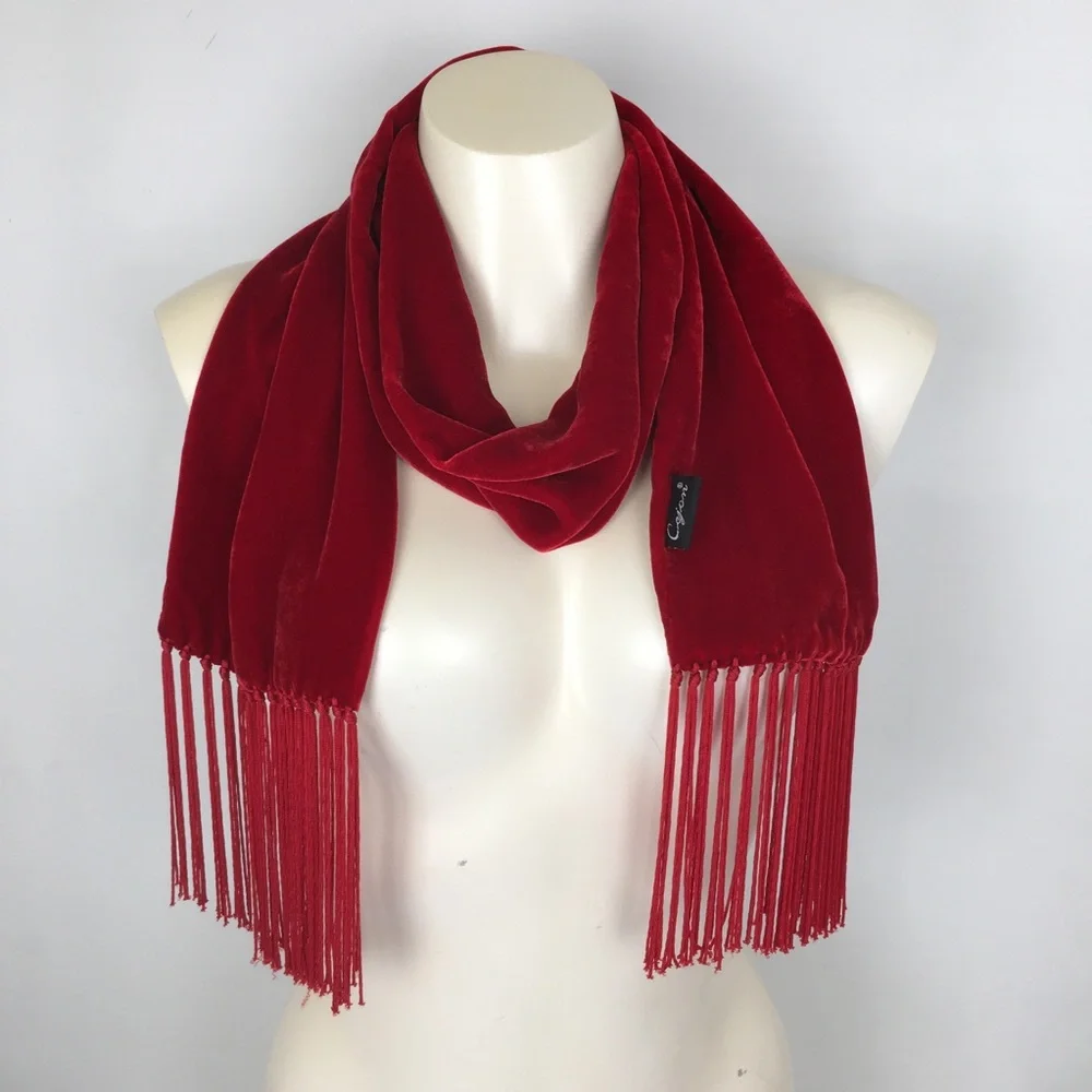 Cejon Accessories Red Velvet Scarf Silk Blend With Fringe
